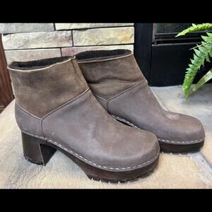 Chunky Platform Swedish Hasbeen Clog Boots Shearling Lined Brown 39
